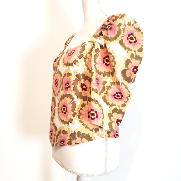 Free People Women's SIZE XL Floral Crop Top Puff 3/4 Sleeves OB1472617 Pink - Picture 2 of 11